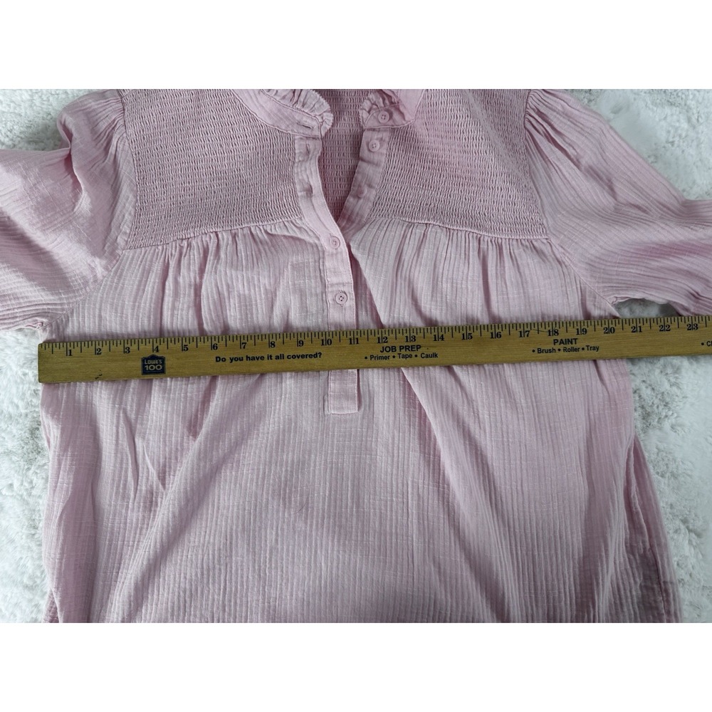J. Crew Blouse 1/2 Button Popover Pink Ruffle Smocked Crinkle Gauze Size Medium - Picture 7 of 14